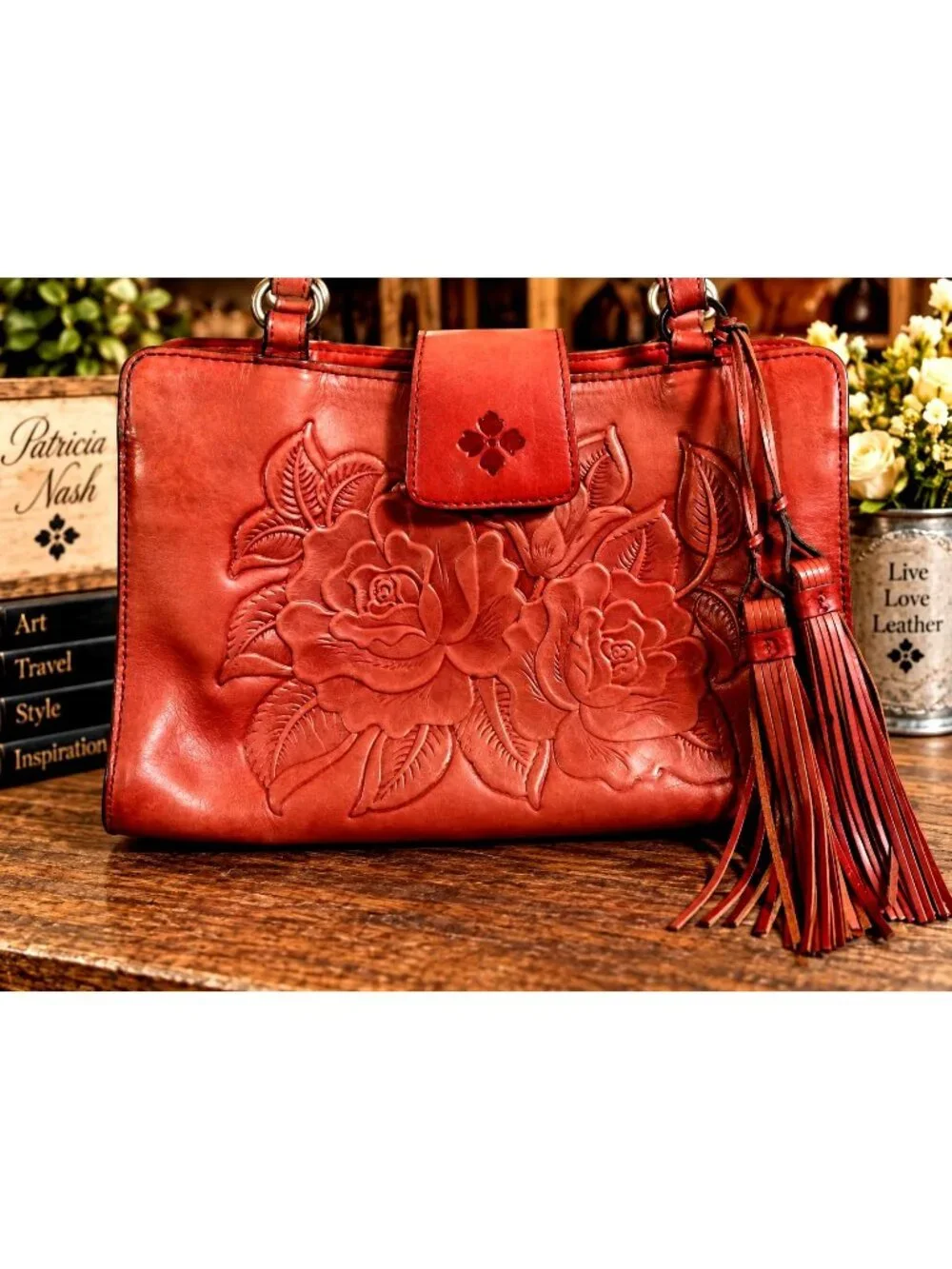 Patricia Nash Rienzo Satchel Rose Tooled Red Ochre Leather Tassel Handbag Purse